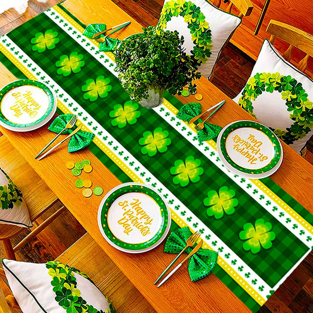 St Patricks Day Table Runner Four Leaf Clover Large Decorative Tablecloth for Dinner Party Festival Decor