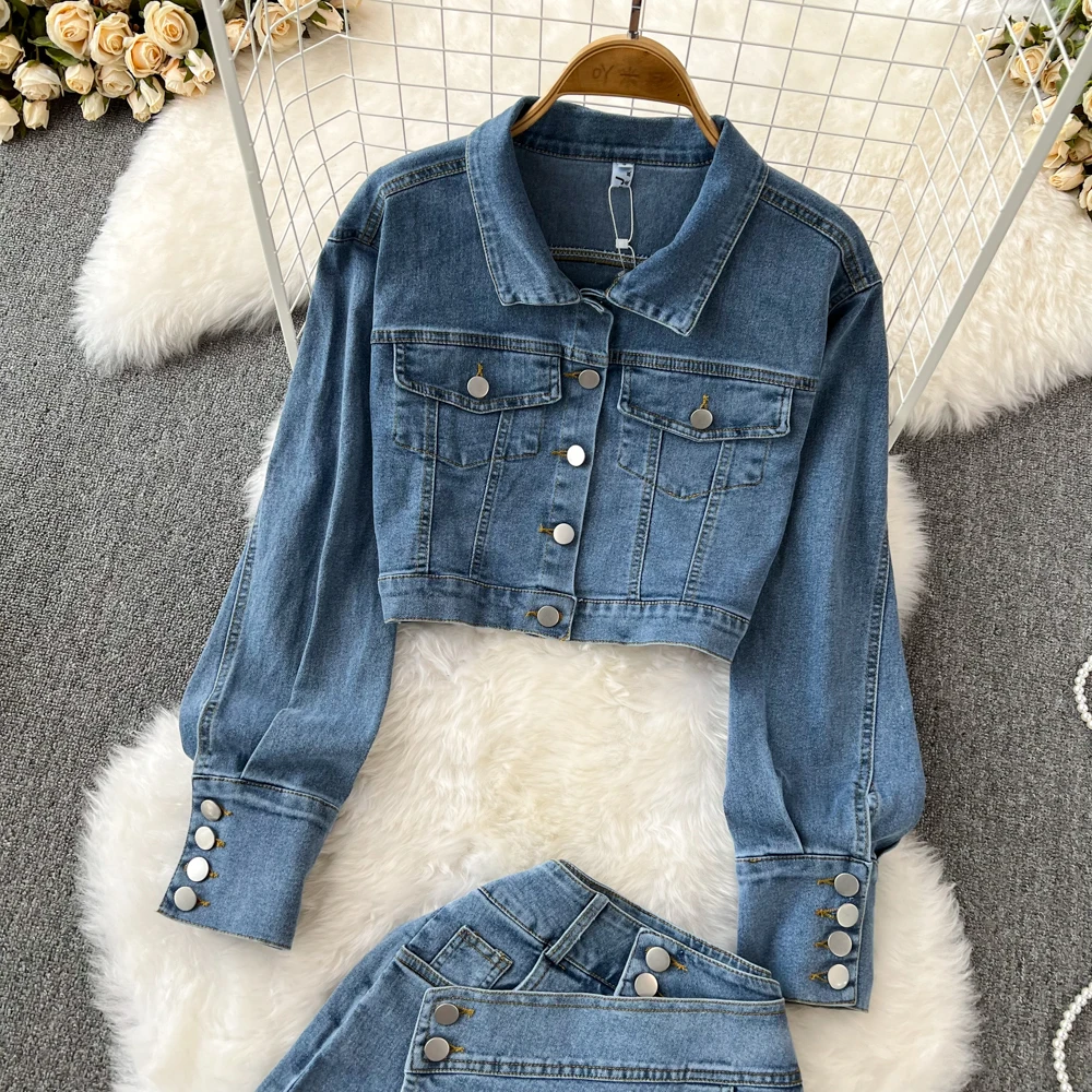 Denim Jacket Shorts Suit Women 2 Piece Sets Jeans Culottes Coat Single Breasted Pockets Ensemble 2025 Streetwear Washed Outfits