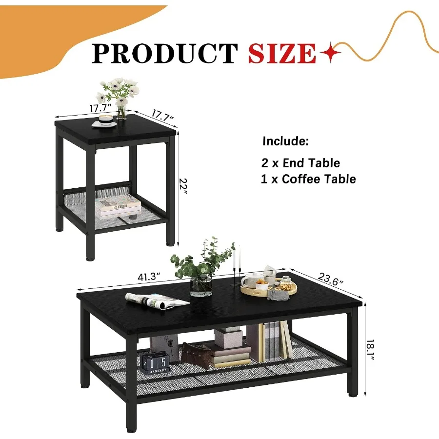 Coffee Table Set of 3 for living room, metal frame, black industrial style, modern apartment home office use