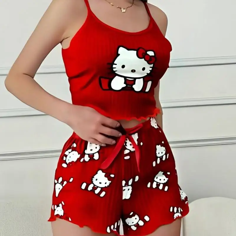Kawaii سانريو مرحبا كيتي تي شيرت قصيرة الأكمام الصيف الكرتون قطعتين ملابس رياضية لليوجا السراويل الرياضية دعوى مثير الحمالات منامة البدلة