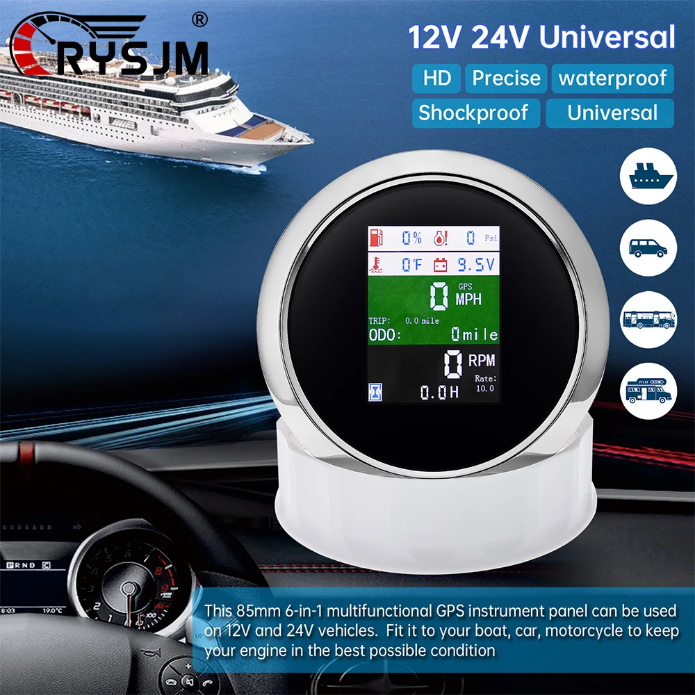 

6 In 1 85mm GPS Speedometer Fuel Level Oil Press Gauge Water Temp Meter Voltmeter Tachometer Digital Gauge for Car Boat Marine