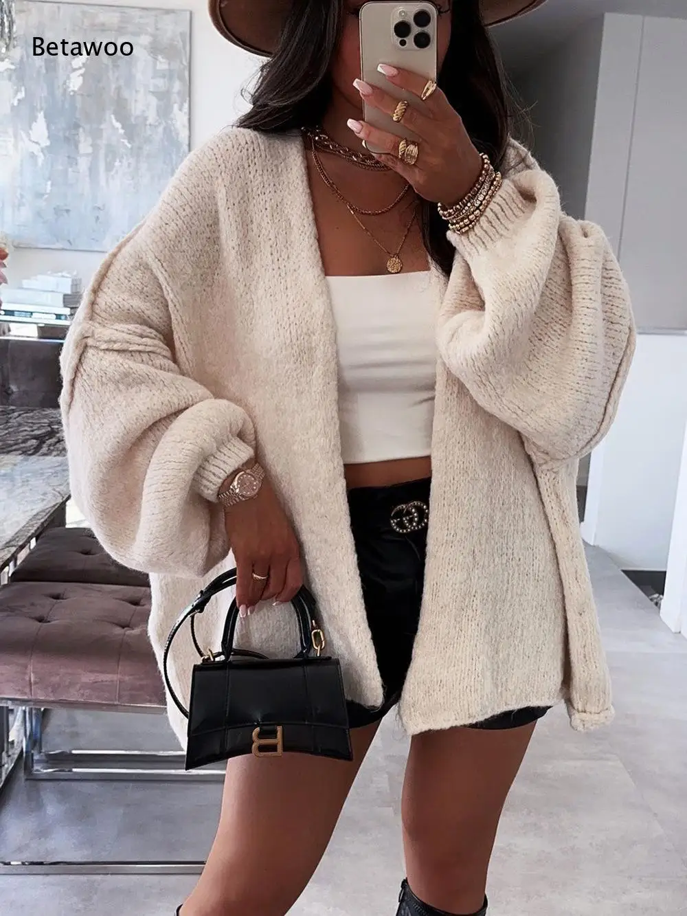 Übergroße Damen-Strickjacke mit offener Vorderseite, langen Ärmeln, lockerer, lässiger Streetwear-Oberbekleidung für den Frühling und Herbst