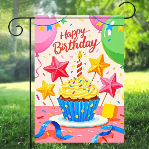 Happy Birthday Garden Flag 12X18 Inch Festive Yard Banner with Cake Design Brigh RRM IIX SSL