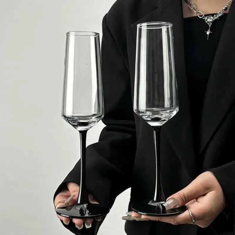 Clear Glass Champagne Flute With Black Stem And Base Elegant Tall Tulip Bowl Sparkling Wine Cocktail Bar Drinkware For Wedding
