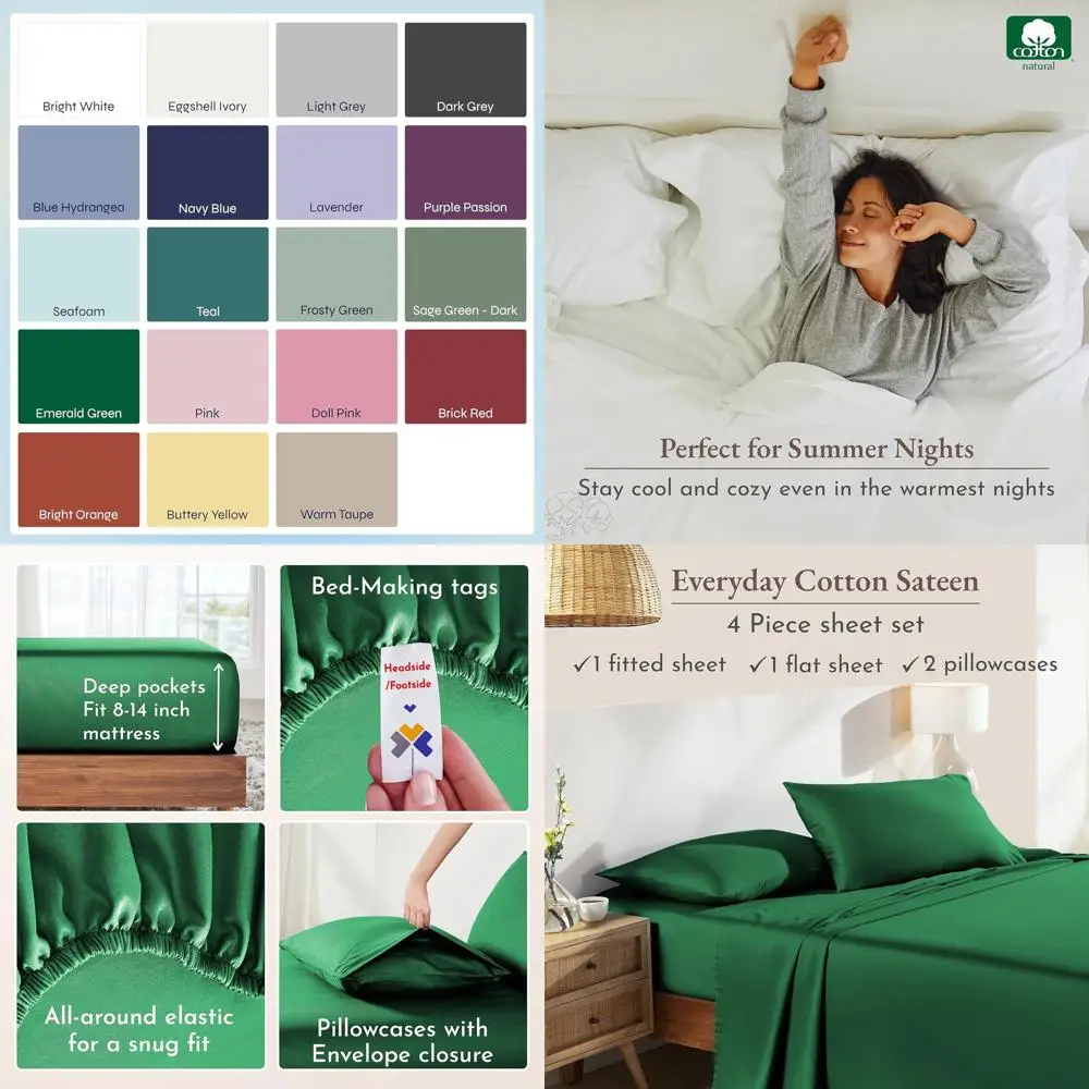 

100% Cotton Queen Bedding Set - Soft Sateen, Breathable, Durable Sheets in Emerald Green
