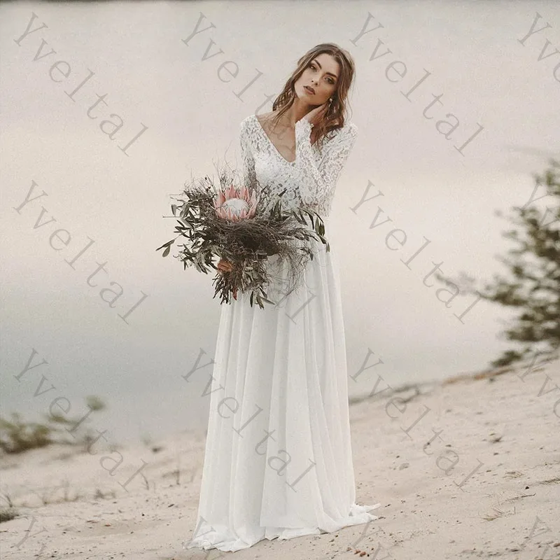 Customized Graceful Temperament LongSleeve Boho V Neck Open Back Wedding Dresses Chiffon Princess Lace Chiffon Bridal Gown