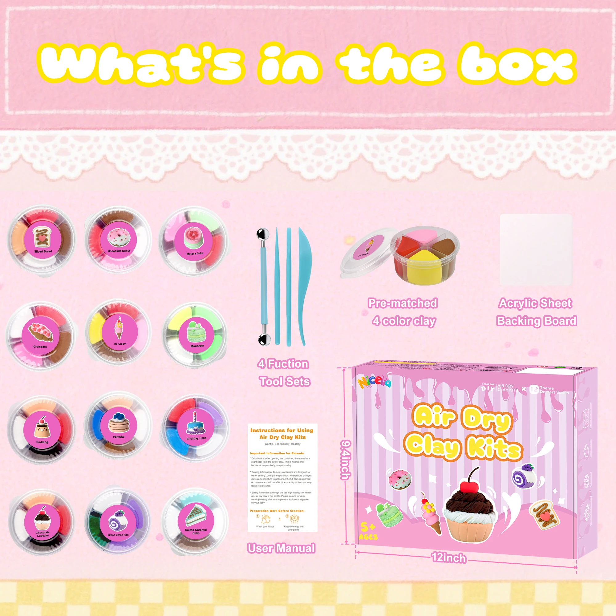 Zestaw do modelowania z gliny na powietrze dla dzieci, 12 elementów, z narzędziami i instrukcjami, bezpieczna, nietoksyczna glina Model Magic dla chłopców i dziewczynek.