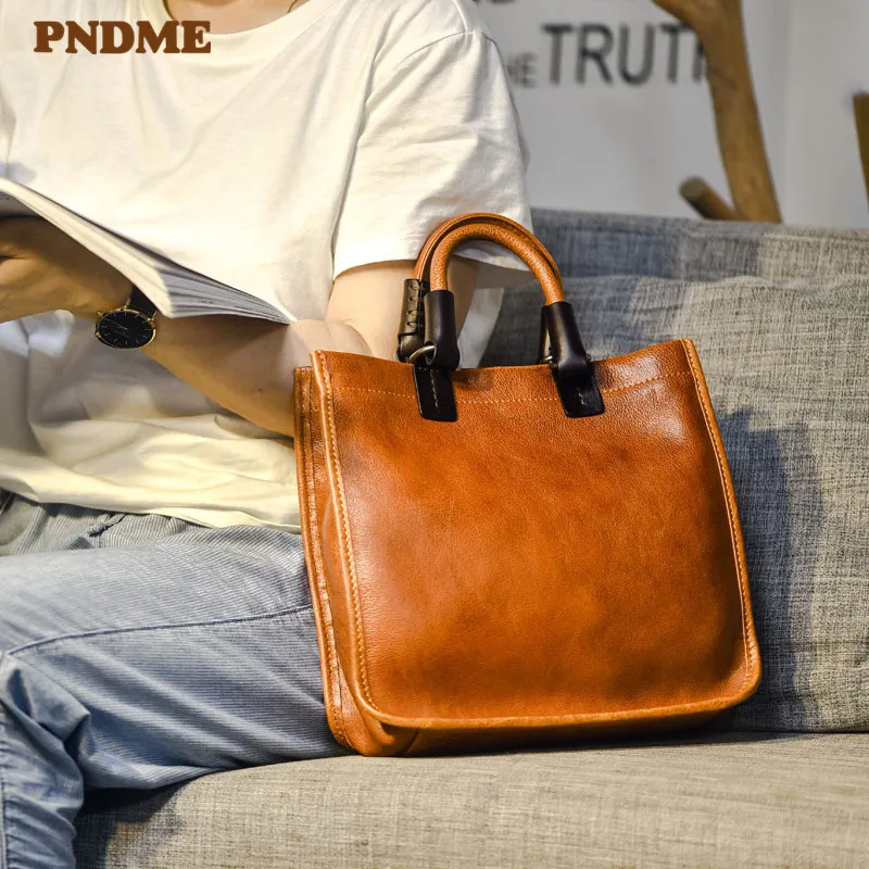 

PNDME Retro Literary Luxury Natural Genuine Leather Women's Handbag Simple Ladies Weekend Daily Party Real Cowhide Shoulder Bag