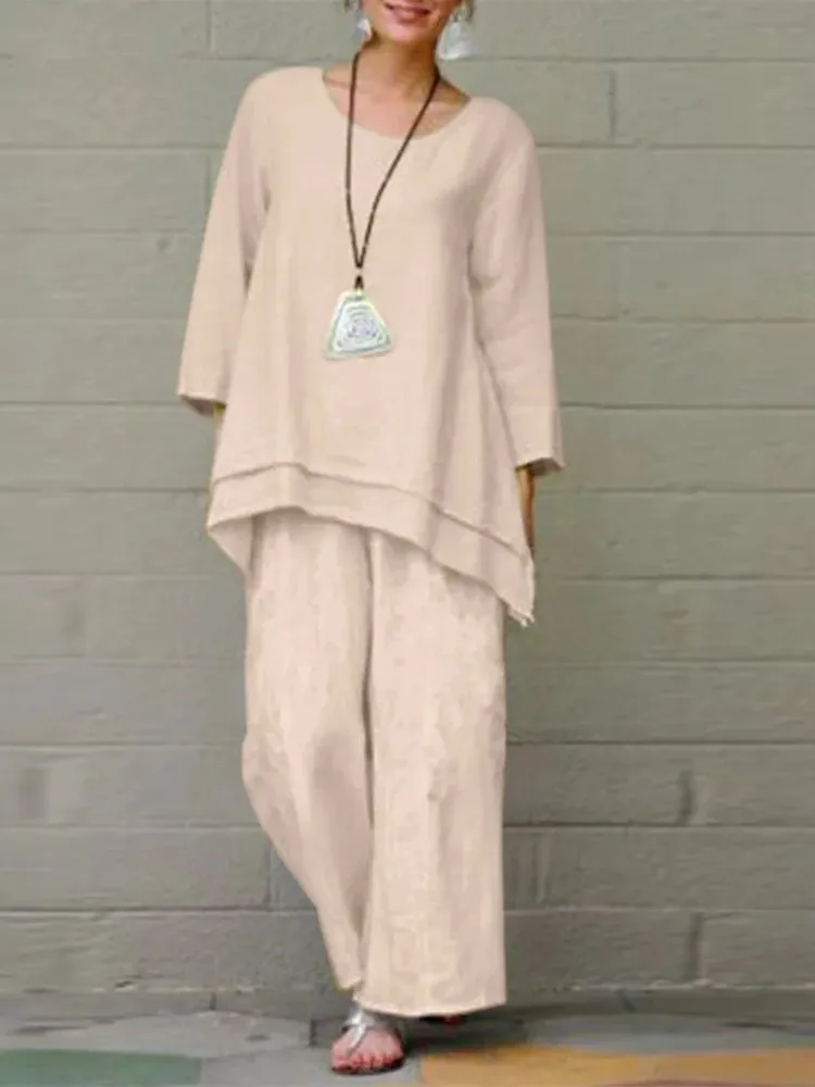 Conjunto suelto liso a la moda para mujer, Jersey informal de tres cuartos con cuello redondo y pantalones de pierna ancha, conjuntos de 2 piezas, ropa para mujer nueva