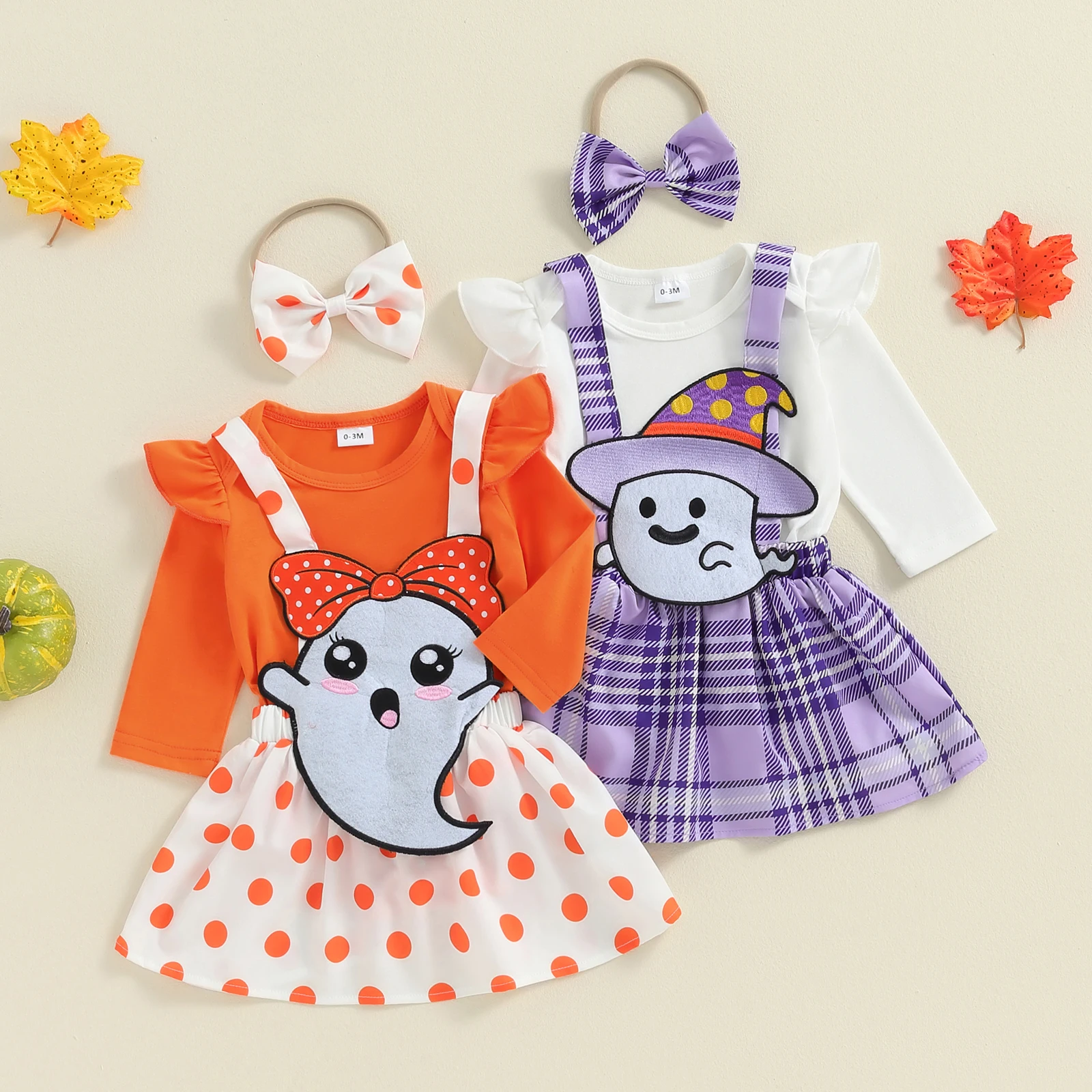 Baby Girls Halloween Set Long Sleeve Romper Ghost Suspender Skirt Bow Headband Clothes