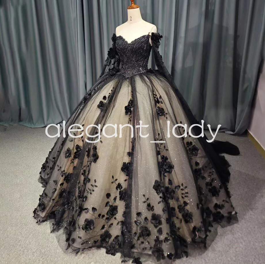 Black Gothic Princess Quinceanera Dresses with Cape Wrap 3D Floral Gillter Skirt Off Shoulder Corset vestido de 15 anos