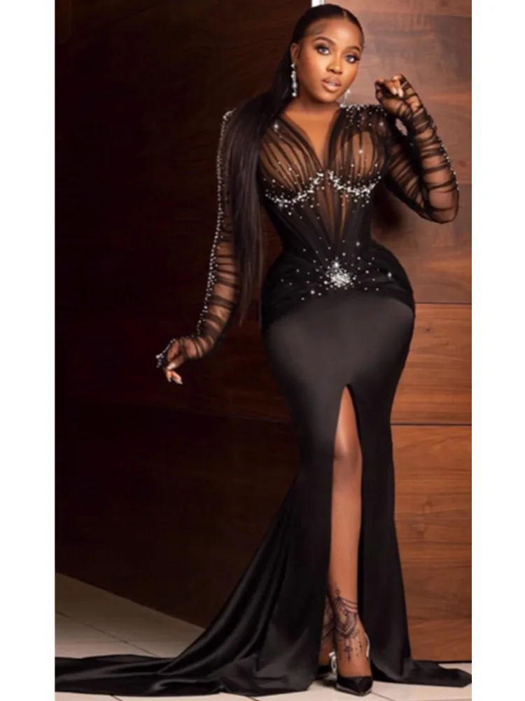 BYLuxury Sexy Long Sleeve V Neck Peark Mesh Ruched Black Maxi Long Women Celebrity Dress 2024 Elegant Party Evening Club Vestido