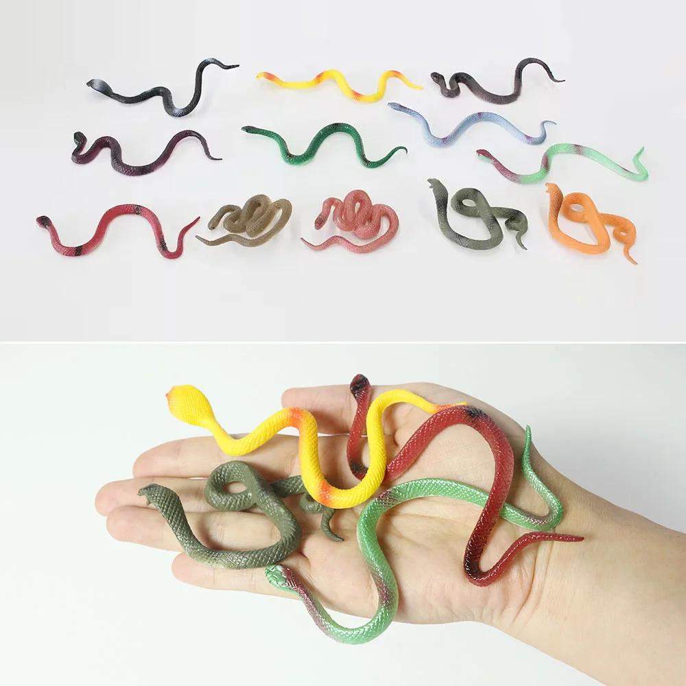 12 mini plastic rainforest snakes, realistic and colorful fake snake toys. Halloween party favorite decoration, prank toys