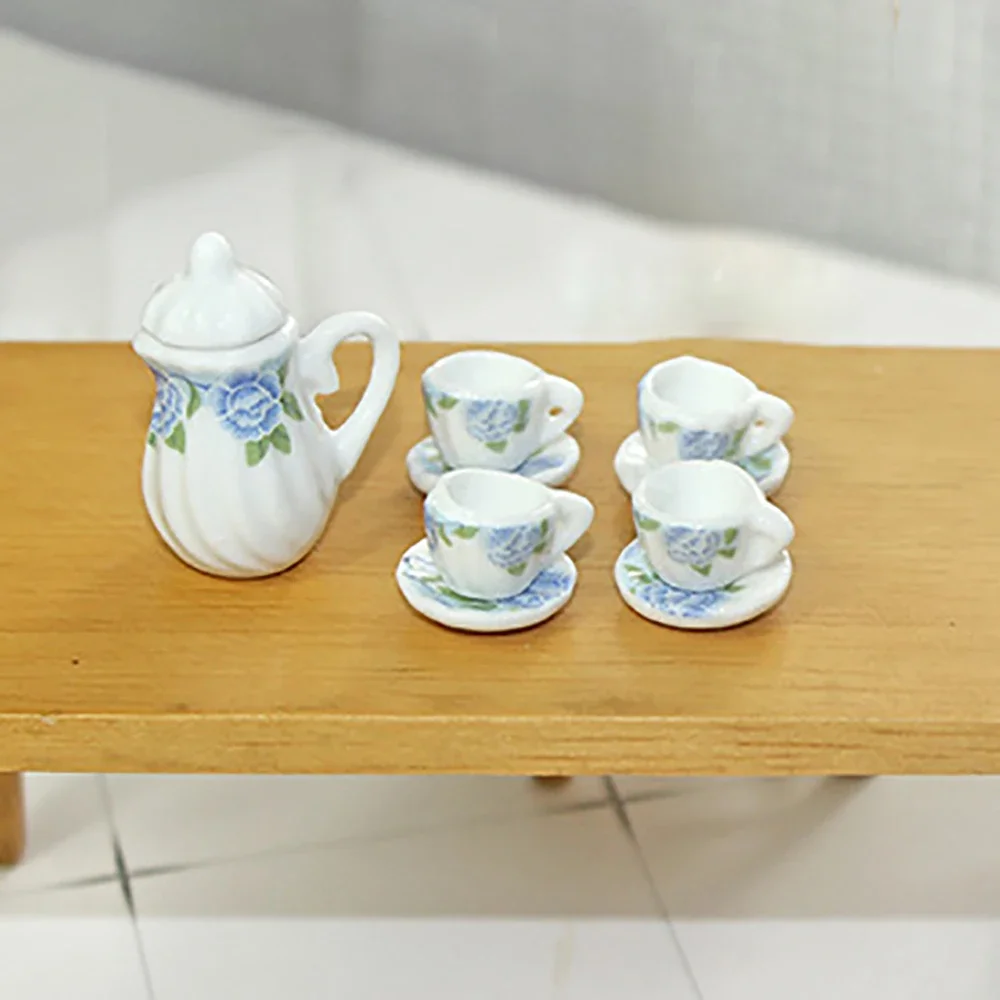 15Pcs 1/12 Dollhouse Miniature Accessories Mini Ceramics Tea Set Simulation Kettle Plate Cup Model for Doll House Decoration