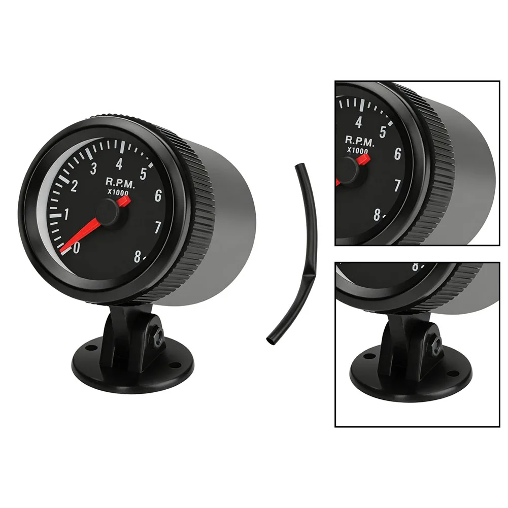 Car Tachometer 52mm 2 Inch LED Display 0-8000 RPM Black Face White Light for Engine Speed Tracking on 12V Systems