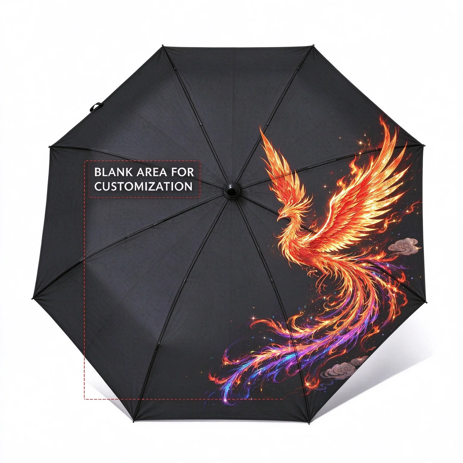 Custom Name Photo Umbrella, Fantasy Fire Phoenix Cloud Pattern Foldable Sun Rain Umbrella, Personalized Customized Portable Wind