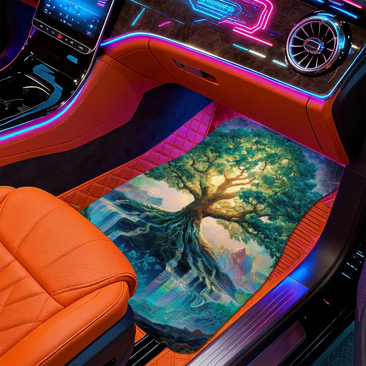 4pcs Bohemian Style Luminous Tree And Fantasy Landscape Car Floor Mats | Durable Polyester, Non-Slip, Easy To Clean, Universal F