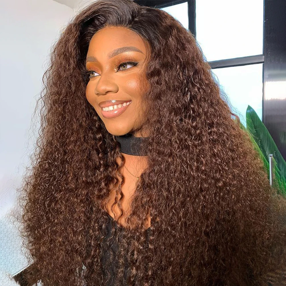 Ombre Brown Kinky Curly Soft Natural Hairline 180Density 26”Long Lace Front Wig For Black Women With Baby Hair Preplucked Daily