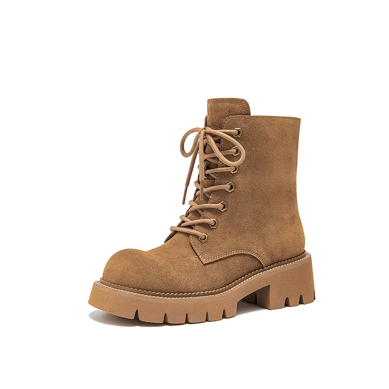 BEAUTODAY żółte botki damskie krowa zamszowe zasznurowane platformy masywne obcasy Outdoor Vintage krótkie botki damskie 04654 — zdjęcie 2