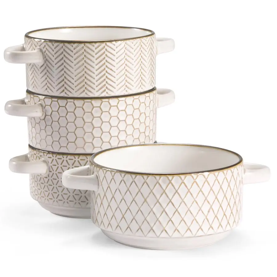 

Керамические миски для супа с ручками, тисненые, для французского лукового супа, пасты, рамэн, раковины, микроволнового усилителя, можно мыть в посудомоечной машине, слоновая кость