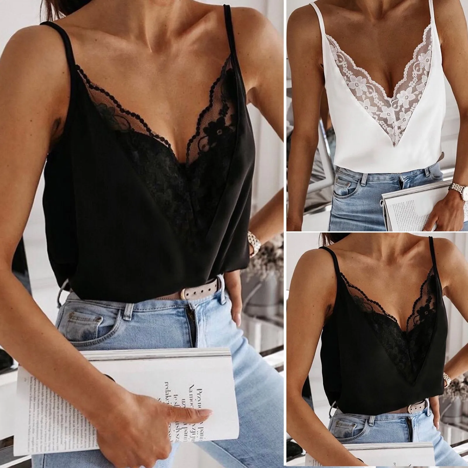 2024 New Sleeveless Lace Trim Vest Top Women's Sexy V-neck Camis Top Fashion Black Ice Silk Satin Camisole Chiffon Blouse