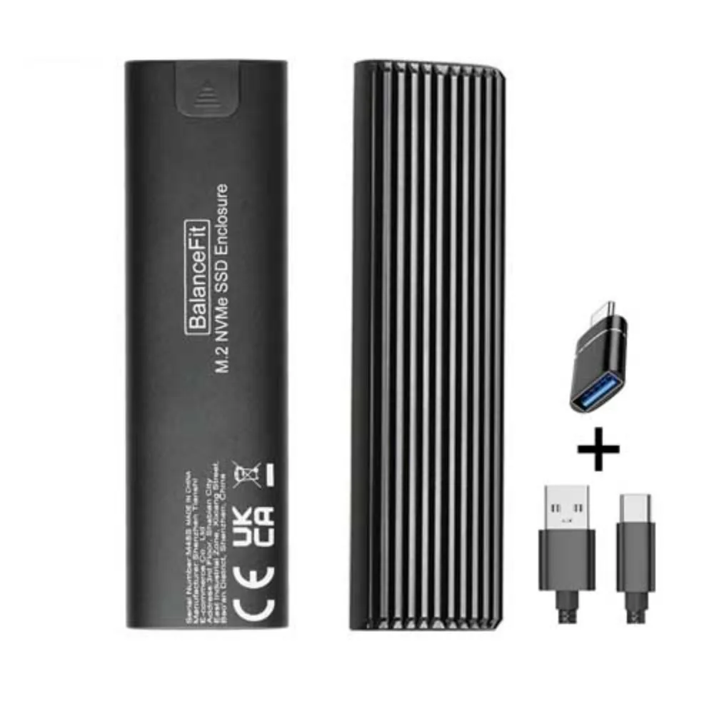 

10Gbps M.2 NVMe External Enclosure Case - Black Aluminum, Heat Dissipation, Type-C/USB Cable + Adapter, 2230-2280 M/B&M Key