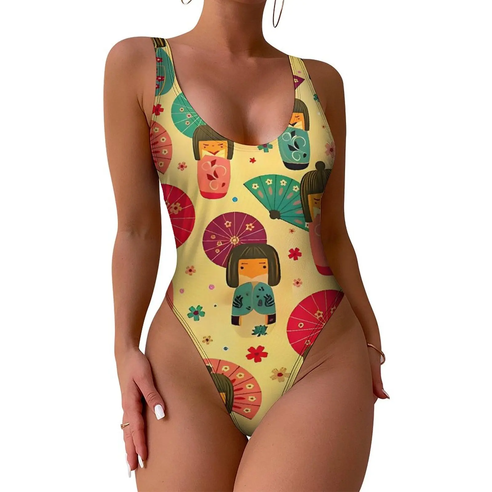 

Cute Japanese Dolls Swimsuit Women Sexy XKokeshi Pattern One Piece Swimwear Push Up Swimsuits Kawaii Surf Sport Monokini