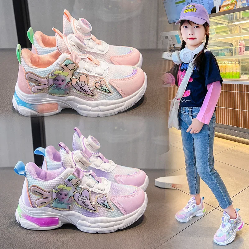 Disney Casual Sneakers Summer Pink Purple Girls Frozen Elsa Princess Print Outdoor Shoes Children Lighted Non-slip Shoes