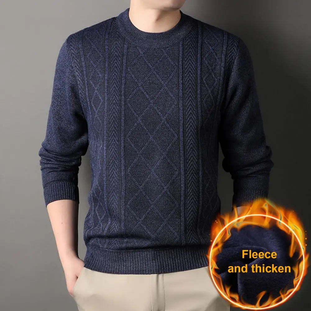 

Men Pullover Sweater Cozy Knitted Sweater for Fall Winter Round Neck Long Sleeves Solid Color Pullover Thick Stretchy for Wear