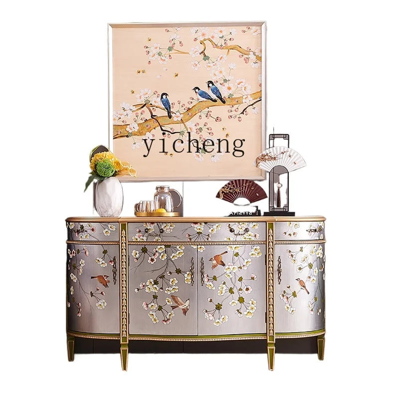 

Tqh Painted Flowers and Birds Silver Home Solid Wood Semi-Round Villa Entrance Decoration Cabinet