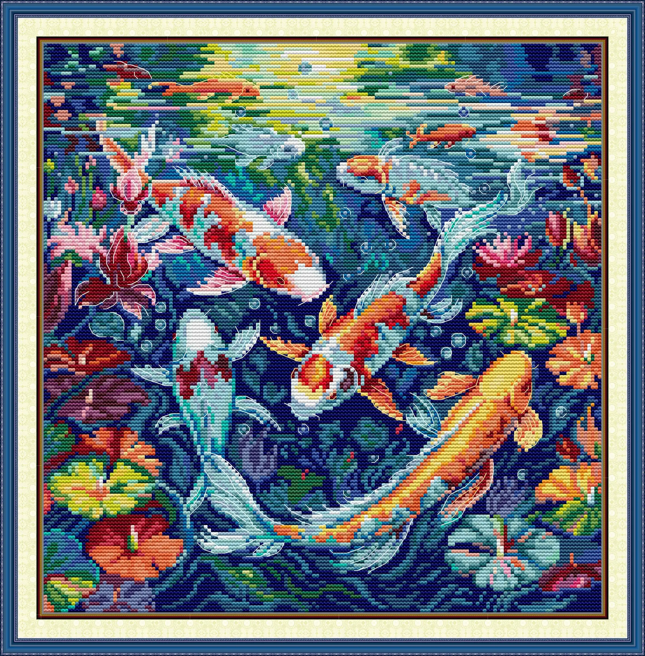 

Joy Sunday Cross Stitch Kits Koi Playing in The Water Pattern Counted Printed Fabric Aida 14/11CT DIY Embroidery Set Art Crafts