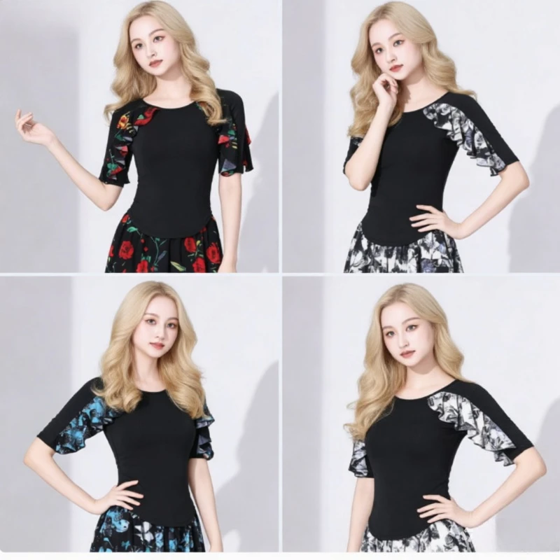 

Theeper Women Elegant Round Neck Ruffle Sleeve Dance Top,New Style Ballroom Dance Blouse For Latin Dance,Performance Wear