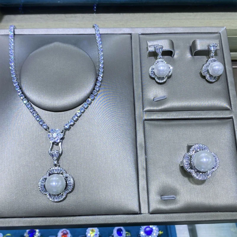 Natural Shell Comparable to Pearl Flower Full Diamond Open Ring for Women Elegant Noble Pendant Earrings Set