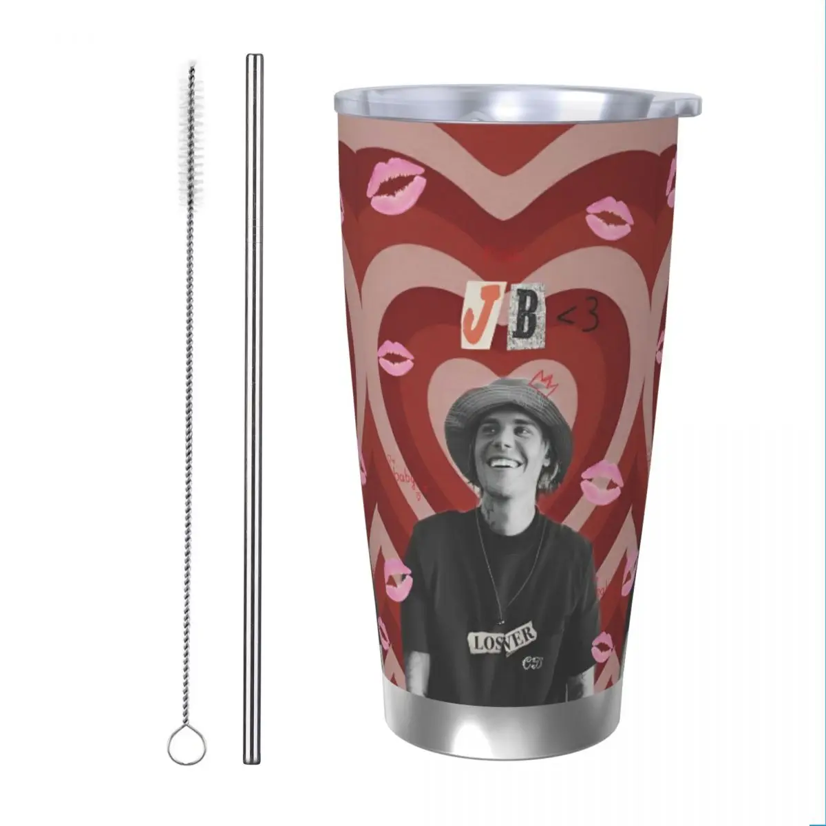 Justin Bieber Heart Tumbler Vacuum Insulated Thermal Cup Vacuum Flask Office Home Mug Water Bottle, 20oz