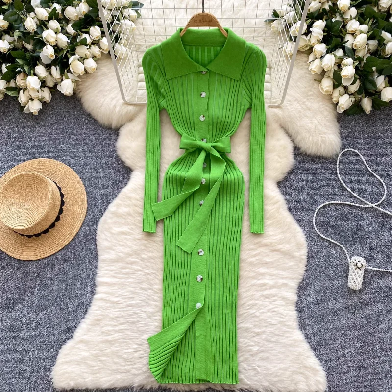 فساتين نسائية من REALEFT لفصل الخريف والشتاء مع حزام جديد عالي الخصر وأكمام طويلة وياقة بولو واحدة الصدر فستان تريكو