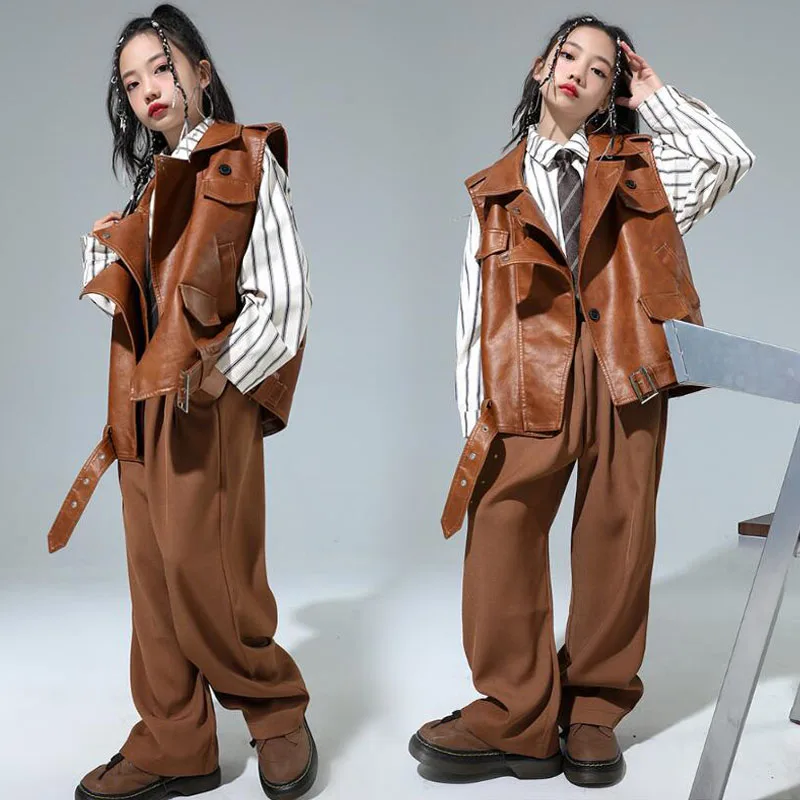 エラズーズ単色ヒップホップウェアセット、ベスト、ストライプ、シャツ、スーツ、パンツ、ストリートウェア、子供、ストリート、ダンスウェア、キッズ、ジャズコスチューム