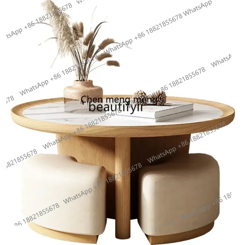 

zq Nordic Solid Wood Coffee Table Living Room Home Small Apartment round Stone Plate Small Table Coffee Table Stool Combination