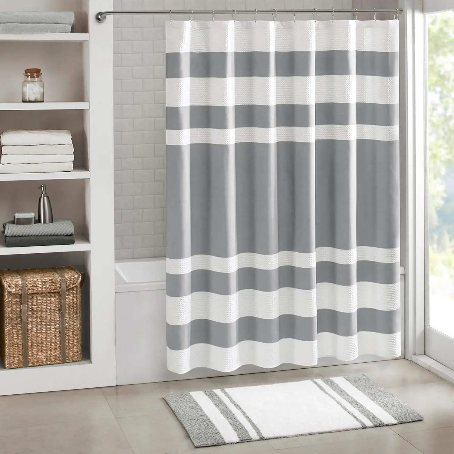 

Waffle Weave Striped Shower Curtain, 72x72 Grey with Moisture Management for Modern Bathroom Spa Quality