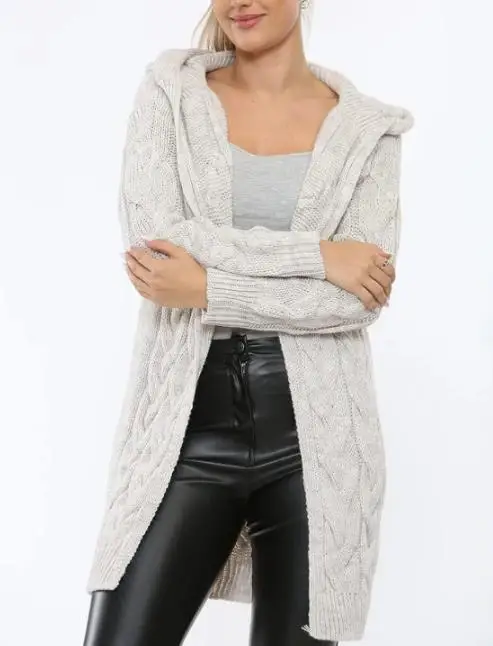 

Solid Color Hooded Extra Long Knitted Jacket for Autumn and Winter Women, Elegant and Loose Long Sleeved Knitted Jacket