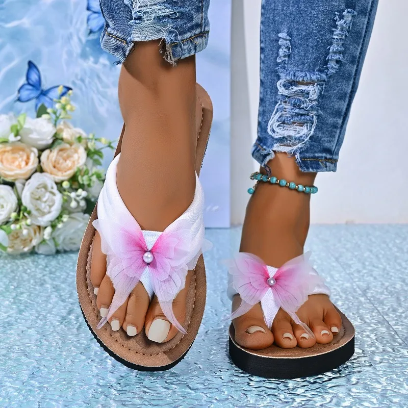 Women's Mix Color pink butterfly Flip Flops Summer Plus Size 36-45 Beach Fashion Flat Slippers Woman Comfortable Platform Slides