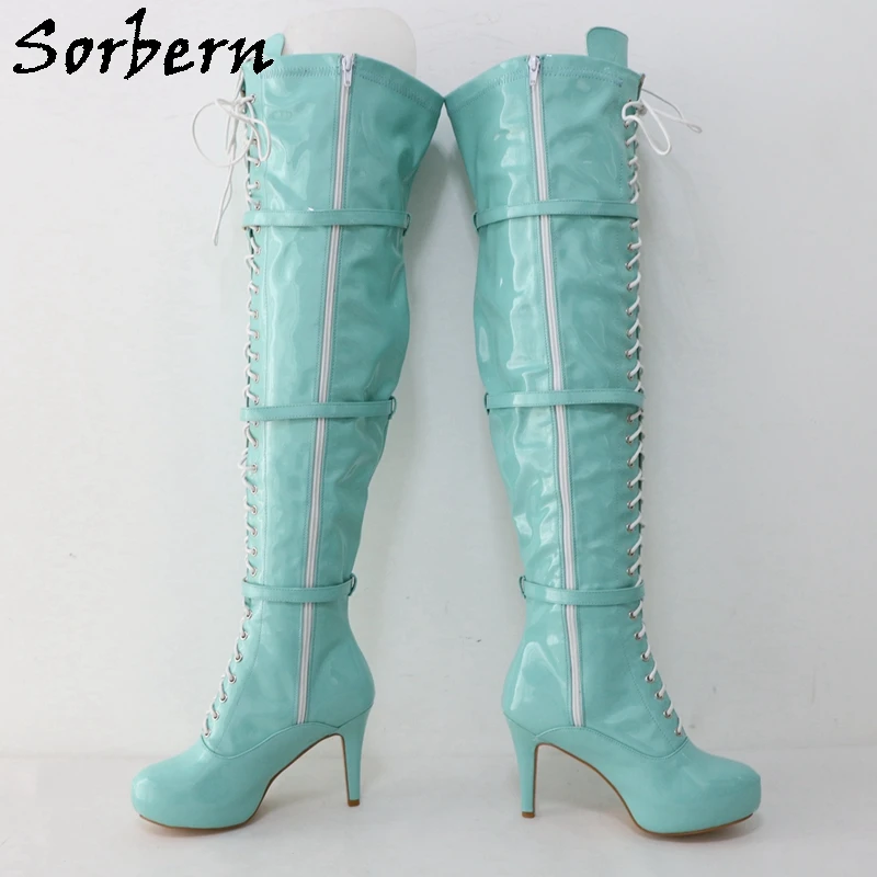 Sorbern Mint Green Patent Boots Unisex Over The Knee Mid Thigh 10Cm High Heel Invisible Platform Round Toe Shoes Kinky Boot