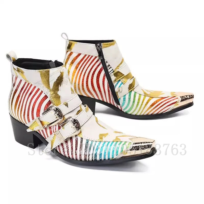 

Colorful Stripes Prints Genunie Leather Ankle Boots Men Brand New Fashion Meal Toe Double Buckle Thick Heels Chelsea Boots