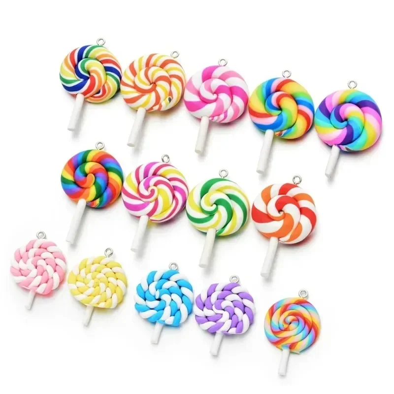 10Pcs/Pack Kawaii Multicolor Soft Clay Lollipop Charms Fake Candy Pendants Jewelry Findings for Women Girls DIY Earrings