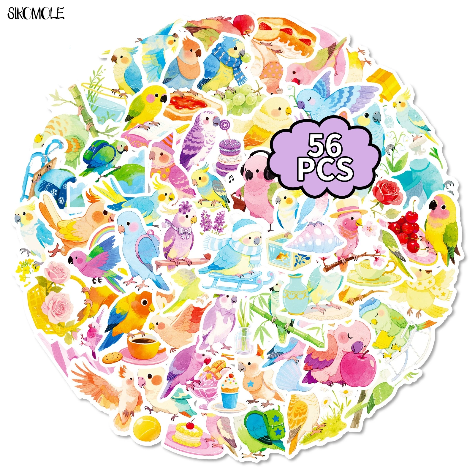 10/30/56PCS Cute Cartoon Style Parrots Stickers Aesthetic Kawaii Little Bird Decal DIY Laptop Guitar Skateboard Graffiti Sticker