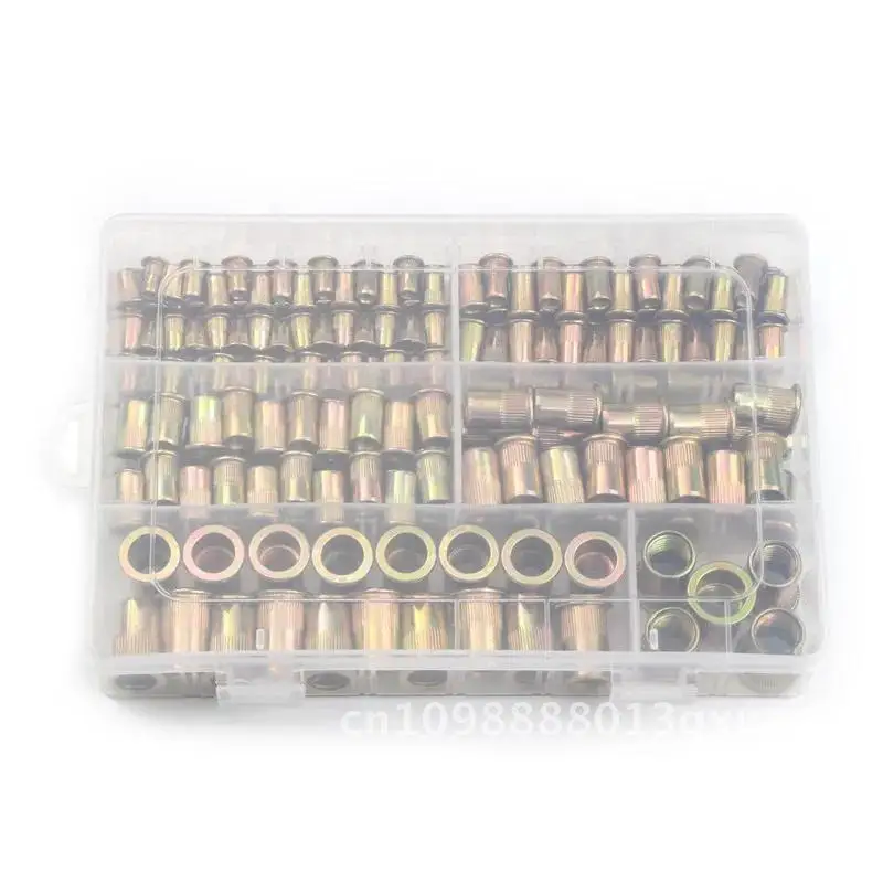 210/165/100 Uds caja tuercas de remache de acero al carbono M4 M5 M6 M8 M10 Hardware varios tamaños M12 tuercas de cabeza de remache juego de insertos de tuercas de remache planas