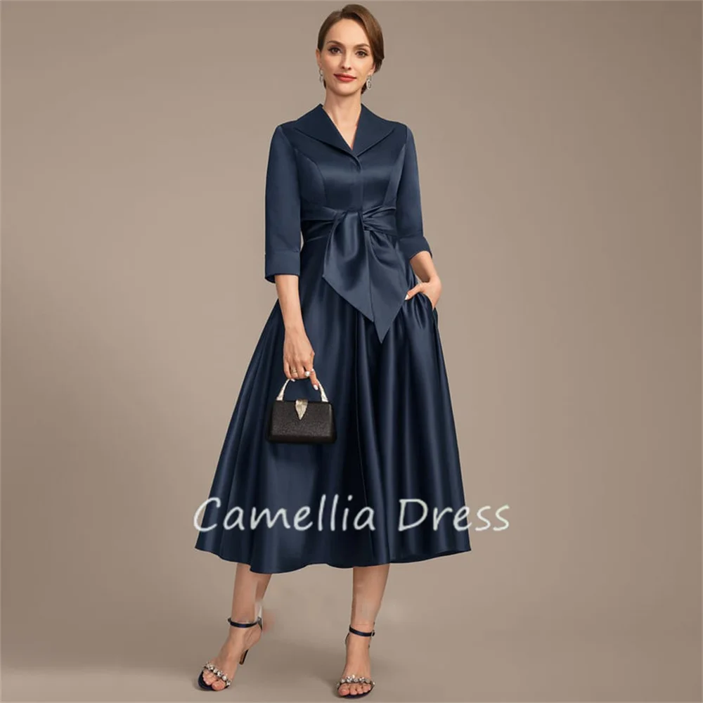 New V-Neck Mother Of The Bride Dress A Line Tea-Length Satin Formal Dresses With Pockets Vestidos Mae Da Noiva Casamentos