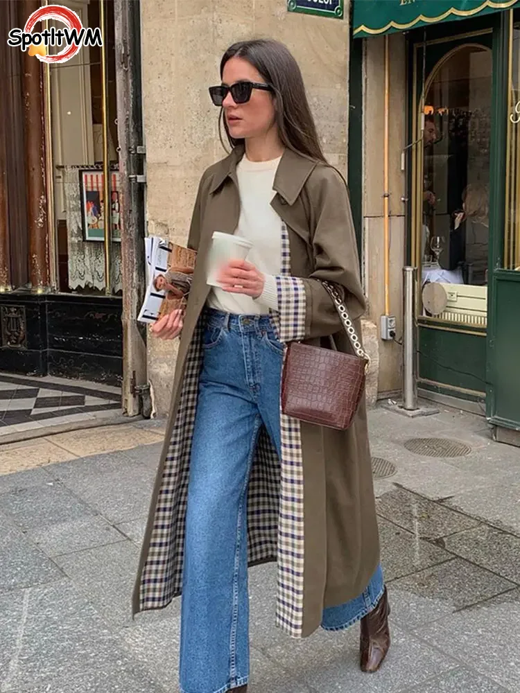 Plaid Lining Single Breasted Lapel Packet With Pocket Women Long Sleeved Versatile Long Coats Autumn Chic High Street Overcoat