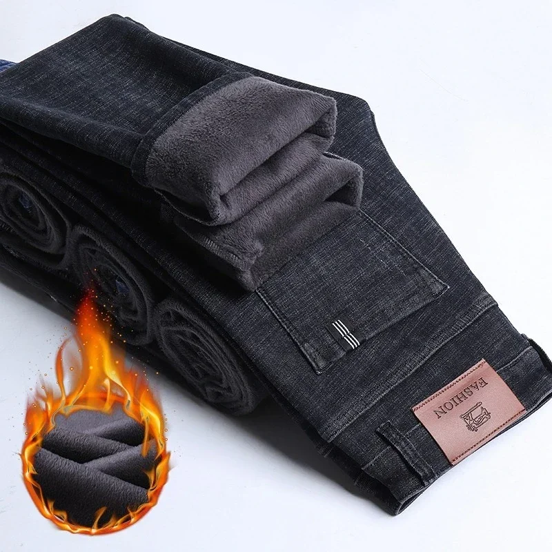 Winter Thick Vintage Men's Fleece Jeans Casual Fashion Straight Elastic Velvet Trousers Warm Business Denim Pants Male
