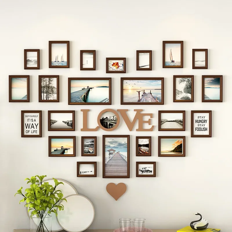 Solid Wood Heart-Shaped Photo Wall Decor Frame Creative Love Photo Album Background Set Stylish Wall Art Unique Picture Display