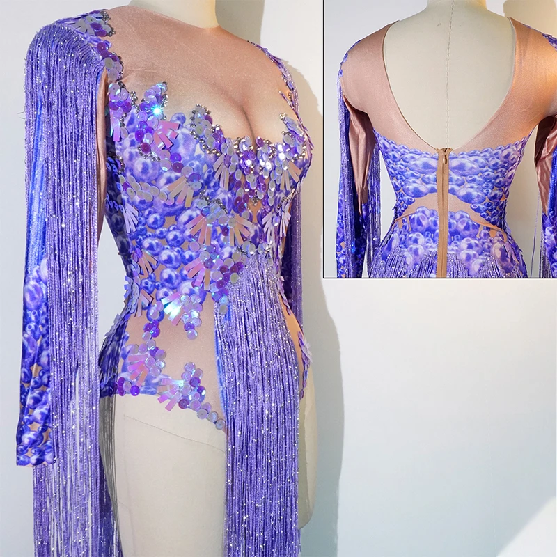 Rhinestone tassels sequin jumpsuit Purple Bodysuit Women Purple Bodysuit Evening Bar Nightclub Singer Stage Costume